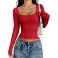 thumbnail image 2 of Womens Long Sleeve Shirts Crop Tops Square Neck Going Out Basics Tees Y2K Winter Clothes Red M, 2 of 7
