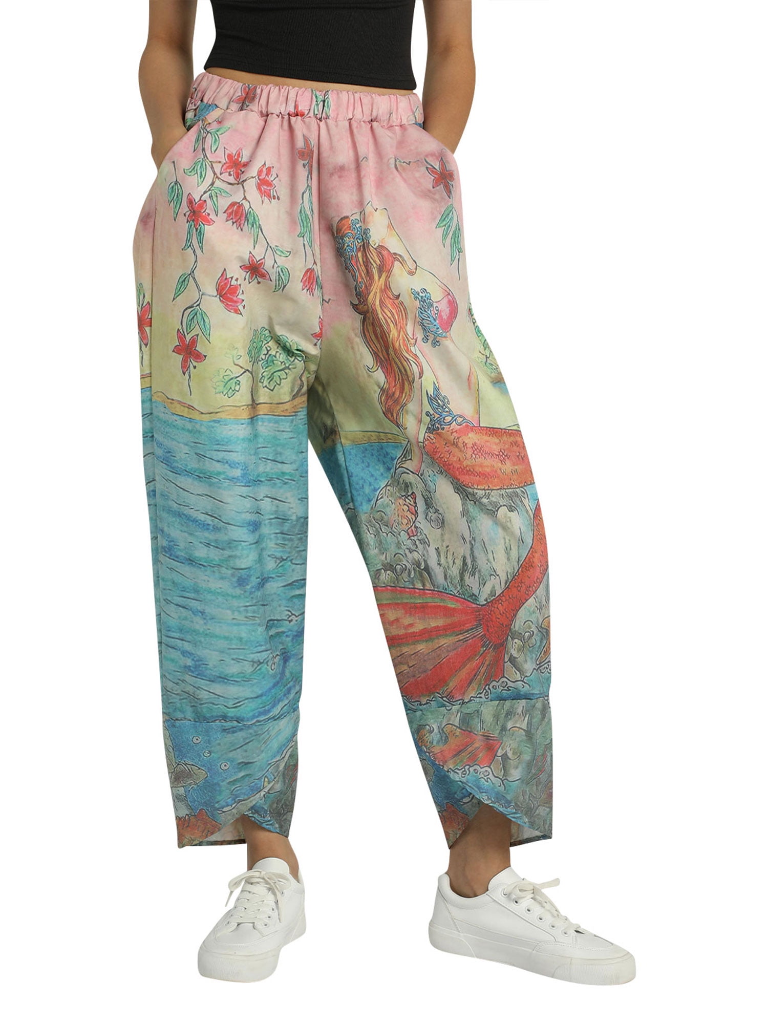 Harem Sweatpants for Women Boho Cotton Linen Capri Pants Y2K Pocket Baggy Pants Pants Elastic Waist Trousers