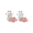 thumbnail image 2 of BemeyourBBs Newborn Baby Girl Litter Sister Outfits Infant Baby Girl Summer Clothes Letter Flower Watermelon Embroidery Short Sleeve Romper Elastic Waist Ruffles Skorts Skirt Headband Set, 2 of 9