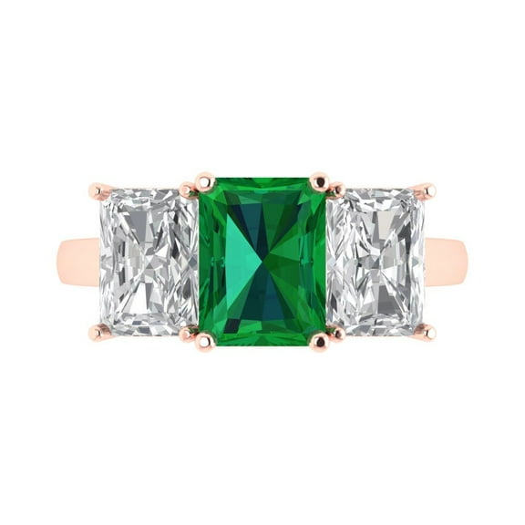Three-Stone Engagement Ring for Women - 4ct Simulated Emerald in 14K Rose Gold Promise Ring