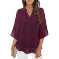 thumbnail image 3 of Women's Dressy Casual Ruffle 3/4 Sleeve V Neck Chiffon Blouse - Double Layer Flowy Hem - Office/Party Wear - S-XXL, 3 of 6