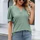thumbnail image 3 of Gibobby Blusas Para Mujer Elegantes Camiseta Color sólido Cuello en V Ahuecado Botón Burbuja Manga corta Top Mujer（Glauco， XXL), 3 of 5