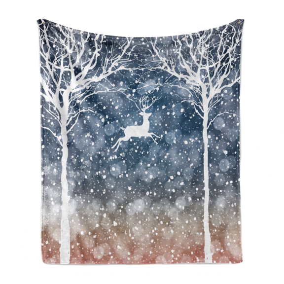 Christmas Soft Flannel Fleece Throw Blanket, Dreamy Display Deer Animal Poinsettia International Holiday Graphic, Cozy Plush for Indoor and Outdoor Use, 60" x 80", Blue and White, by Ambesonne