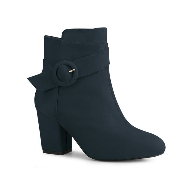 Unique Bargains Bottes à Talon Bloc à Bout Rond pour Femmes Bottillons à la Cheville Bleu (Taille 10)