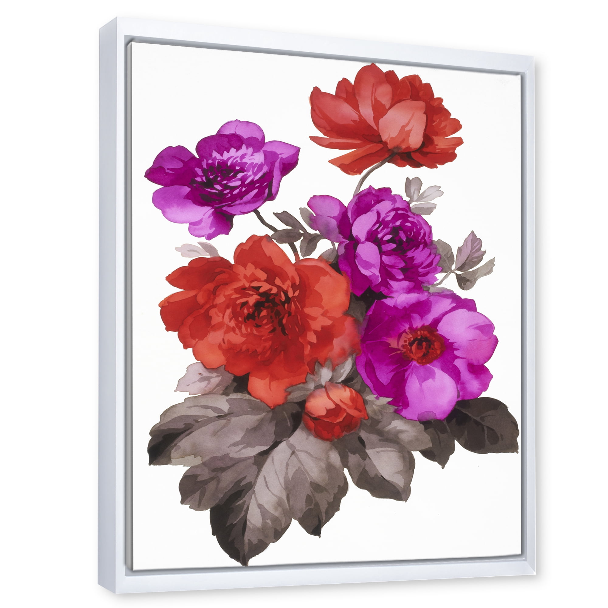 Fuchia and Red Flowers 16 in x 32 in Framed Painting Canvas Art Print, by Designart