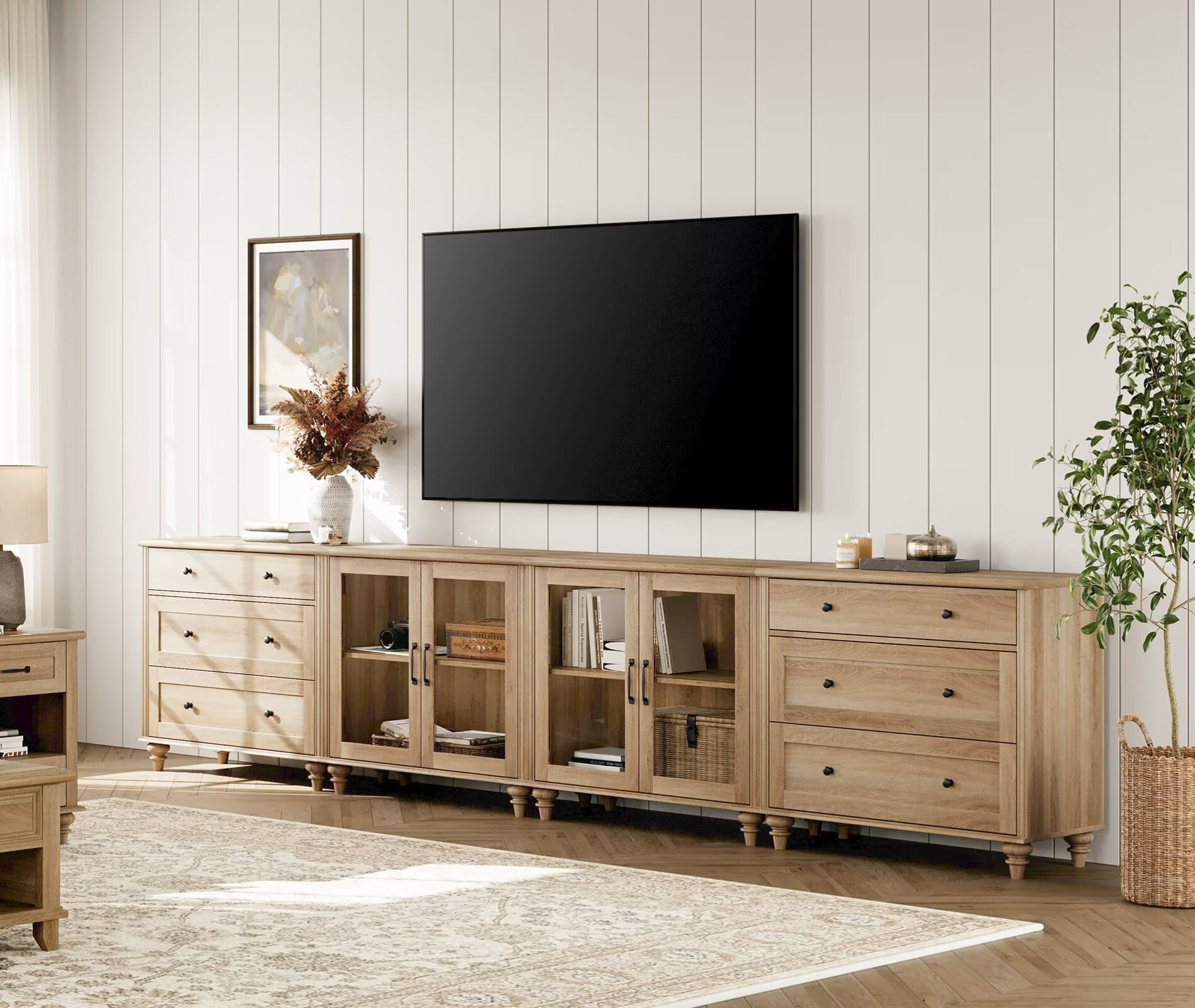 TV Stand for TVs up to 105 Inches, Wooden TV Console Table for 65-90 Inch TVs, Entertainment Center with Glass Door & Drawer, Oak Kitchen Sideboard Buffet Cabinet for Dining Room
