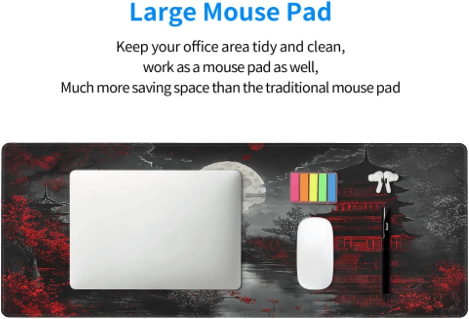 Japanese XXL Gaming Mouse Pad - 35.4x15.7 Inch Black Red Design, Extended Large Keyboard Full Desk Mat, Non-Slip Rubber Base, Stitched Edges, Perfect for Home Office