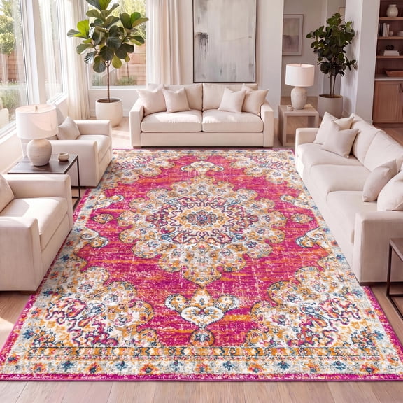 JONATHAN Y BOHEMIAN FLAIR 3 x 5 Area Rug, Vintage Medallion - Pink/Cream, BMF104A-3