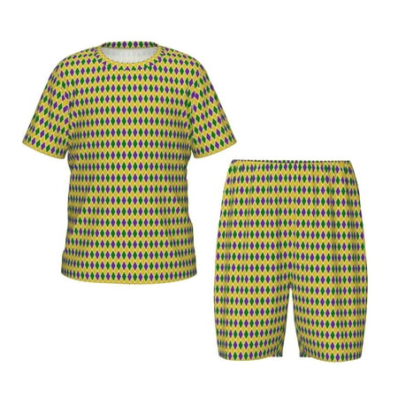 Sikiie Mardi Gras Purple Yellow Plaid Print Children s Short-sleeved Pajamas Set  Round Neck Top with Elastic Waist and Shorts  Two-piece Set  Suitable for Pajamas and Home Clothes-3X-Large