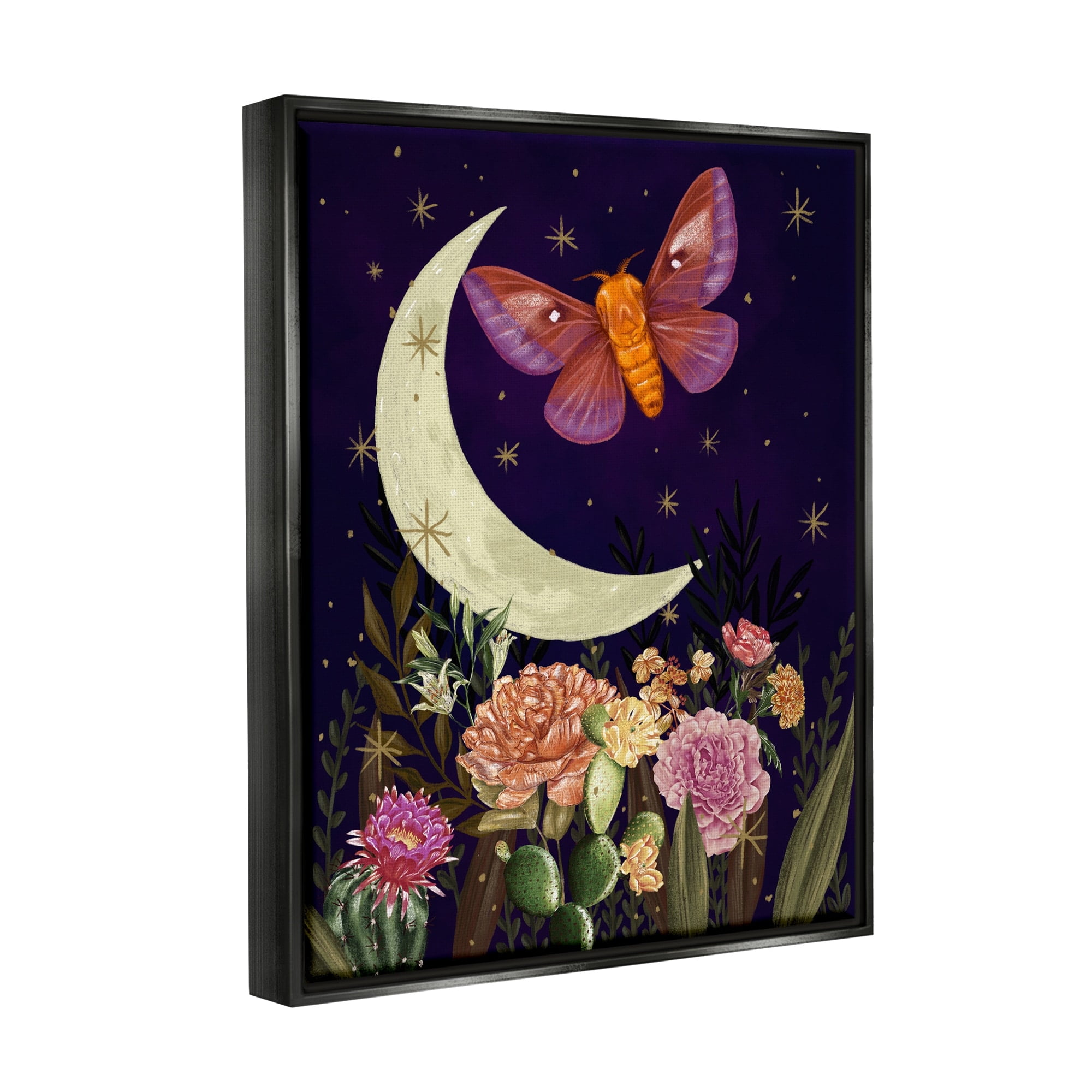 Stupell Industries Lunar Butterfly Flying Night Sky Floral Garden Graphic Art Jet Black Floating Framed Canvas Print Wall Art, Design by Raquel Maciel