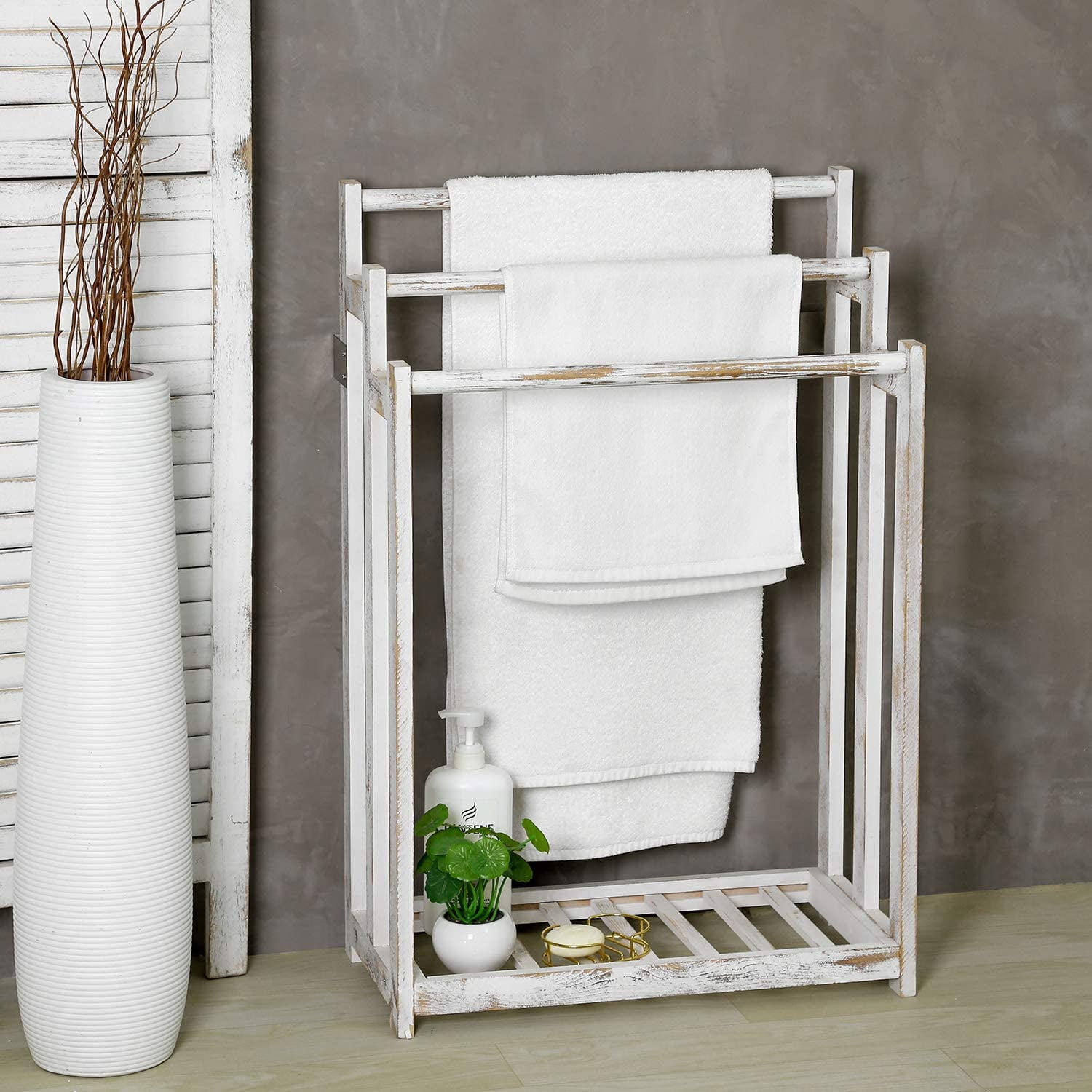 MyGift Wall Mounted White Washed Solid Wood Bathroom Shelf Rack with 2 Tier  Shelves and 3 Dual Hooks, Wall Hanging Storage Display for Bath Supplies