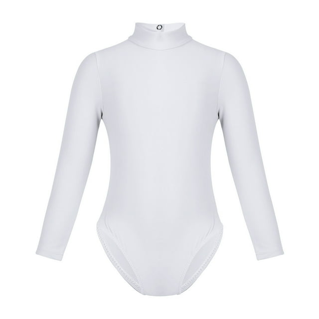 iefiel Justaucorps à Col Roulé pour Filles Manches Longues Extensible pour Gymnastique Ballet Danse Hauts de Sport Blanc 3TG