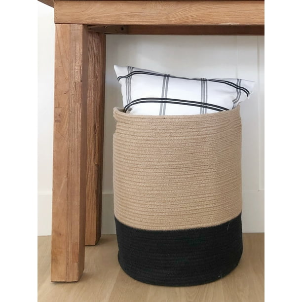 Chloe and Cotton Woven Rope Laundry Storage Basket, Jute Black, XL, 19" x 16"