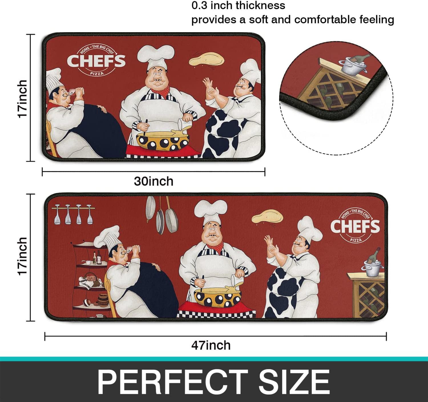 Black Kitchen Rugs and Mats Sets of 2, Funny Kitchen Decoration Rubber Backing Non-Slip Absorbent Mats for Sink Waterproof Runner Rug for Laundry Room 17x30+17x48inch