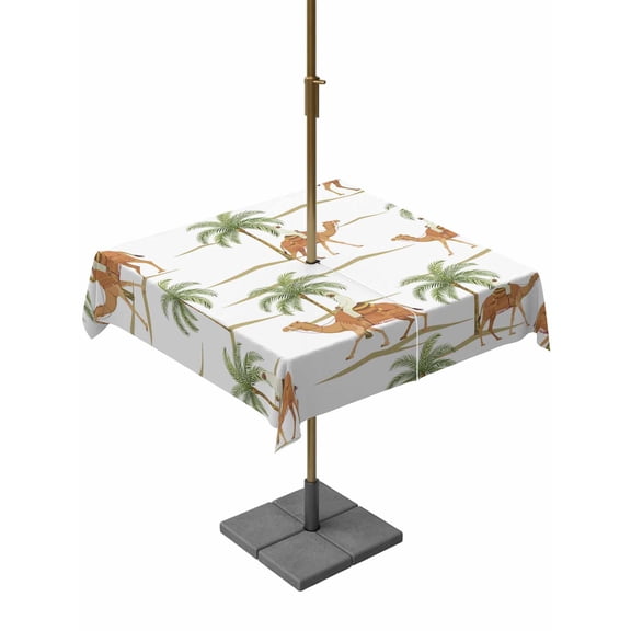 Outdoor Tablecloth with Umbrella Hole for Patio/Picnic/Party/Camping, Desert Camels Waterproof Table Cloth Square Cover Washable, Tropical Date Palm Trees Animal (54"x 54")