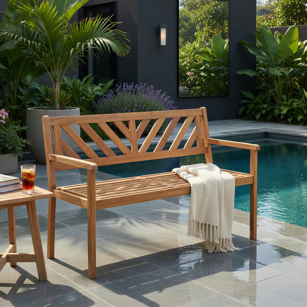 Hommoo 2-Person Acacia Wood Patio Bench with Armrests & Ergonomic Backrest – Teak Outdoor Garden Chair for Porch, Deck, or Poolside