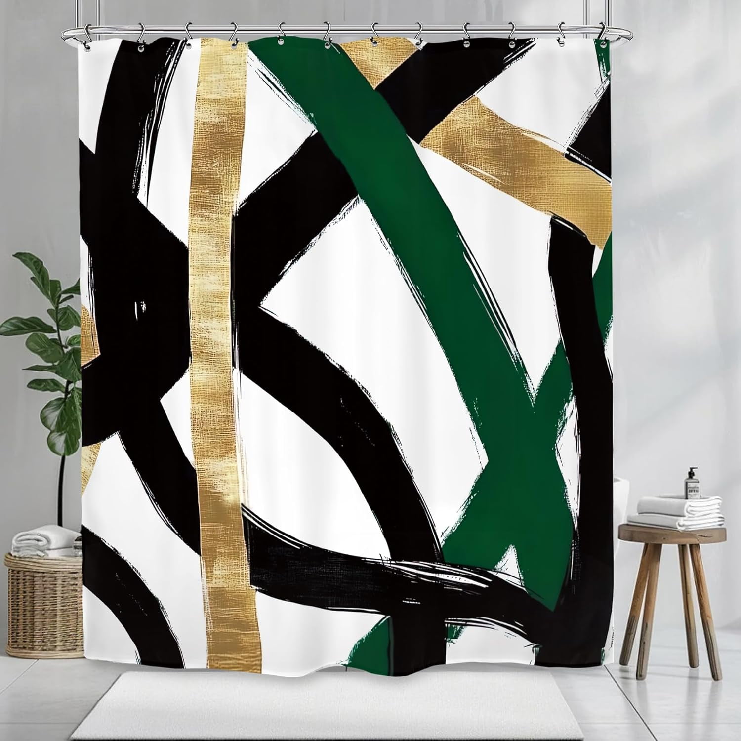 Abstract Emerald Green Black Gold Shower Curtain Modern Minimalist Contemporary Geometric Bathroom Set Accessories Decor with Pack Hooks-36"W x 72"L (Pack of 1)