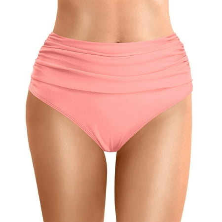 ANINEO High Waist Women Ruched Belly Tummy Control Bikini Swimsuit Bottoms Comfortable Boho Swimwear For Beach Or Pool Trendy Hawaii Summer Tropical Brazilian Beachwear