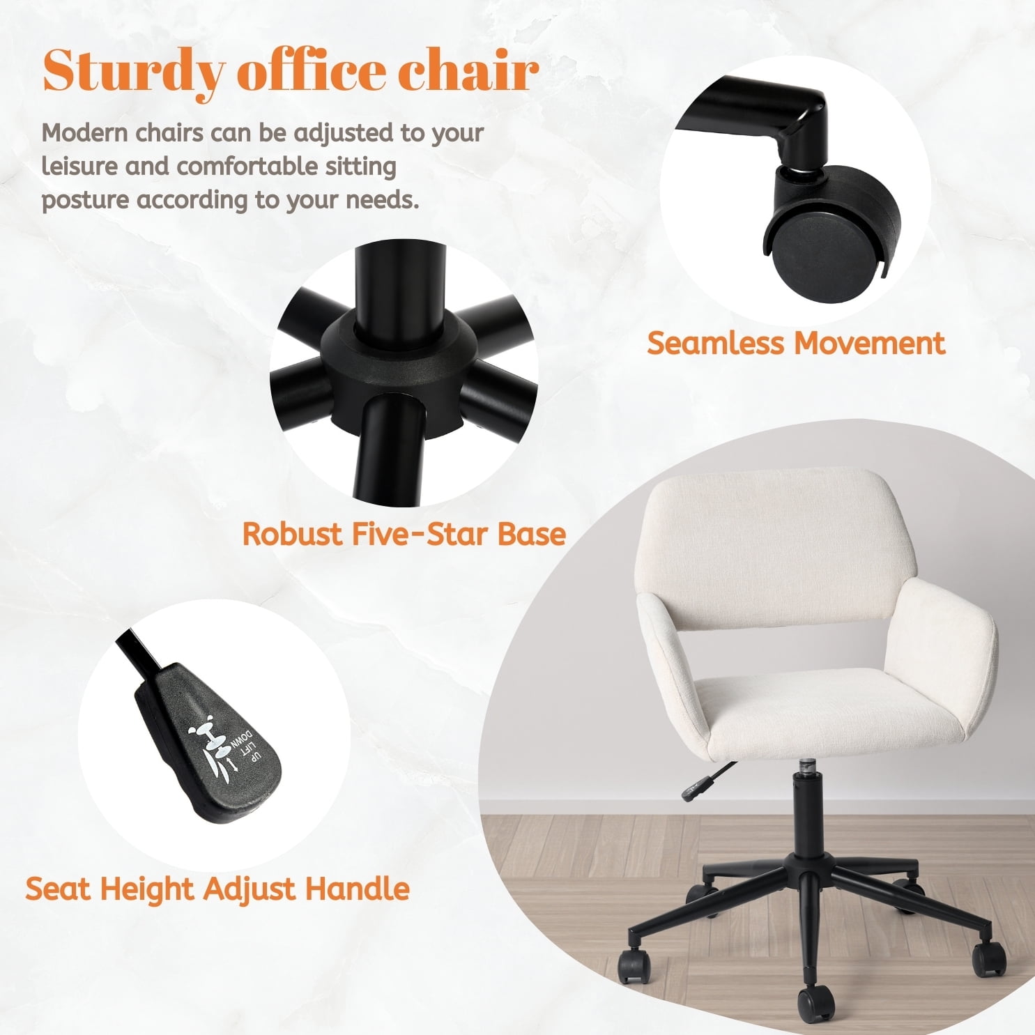 Homy Casa Adjustable Swivel Desk Chair, Modern Office Chair with Armrest for Home & Study, Beige