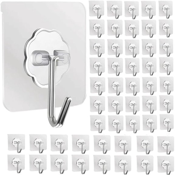 Hooks for Hanging, 50 Pack Wall Hooks 50lb(Max) Transparent Reusable Waterproof Adhesive Hook for Kitchen Curtain, Towel Hook for Bathrooms, Heavy Duty Self Coat Hook for Walls No Damage