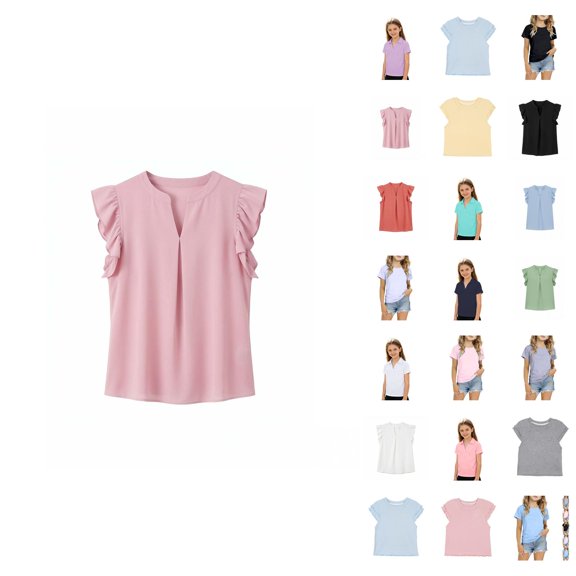 Girls Summer Top With Collar And Ruffled Pure Color Casual Tee For Toddler And Kids Fashion Apparel
