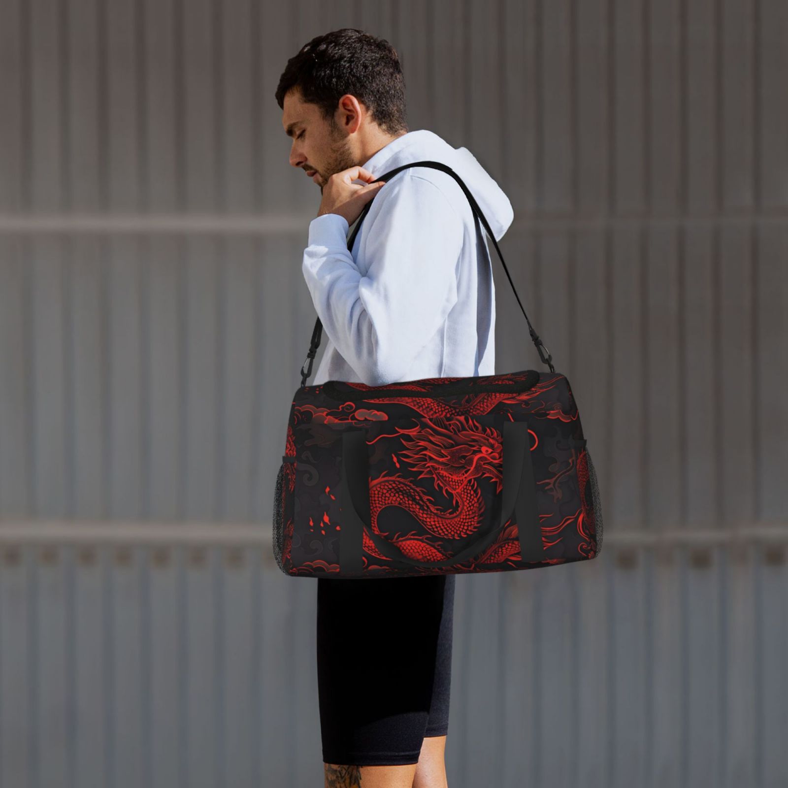 Defioc Red Dragon On Black Print Hand Travel Bag - Foldable Travel Duffel Bags for Men Women -Sport Gym Bag - Overnight Travel Duffel Bag - Adjustable Shoulder Strap