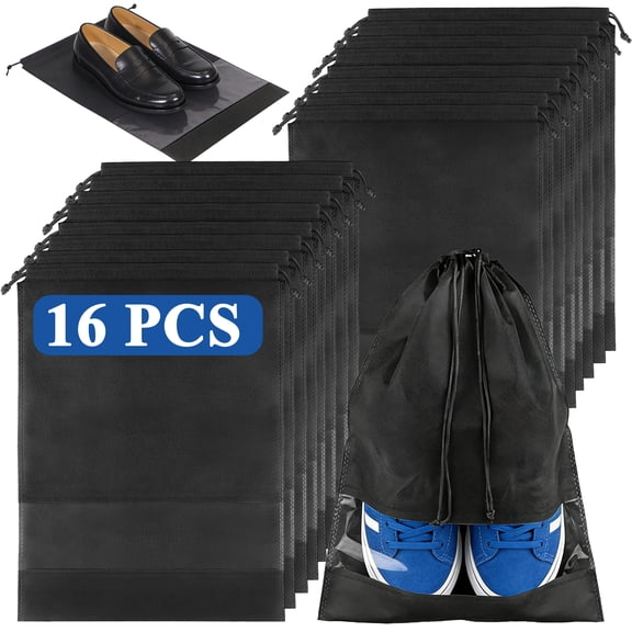 Aovky 16 Pack Shoe bags for Travel with Clear Window, Large Dustproof Drawstring Shoe Bags Storage Organizers for Suitcase Packing, Reusable Shoe Pouches for Men & Women (Black)