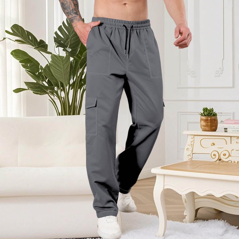 Lorytime Mens Cargo Pants with Zippers Drawstring Elastic Waist