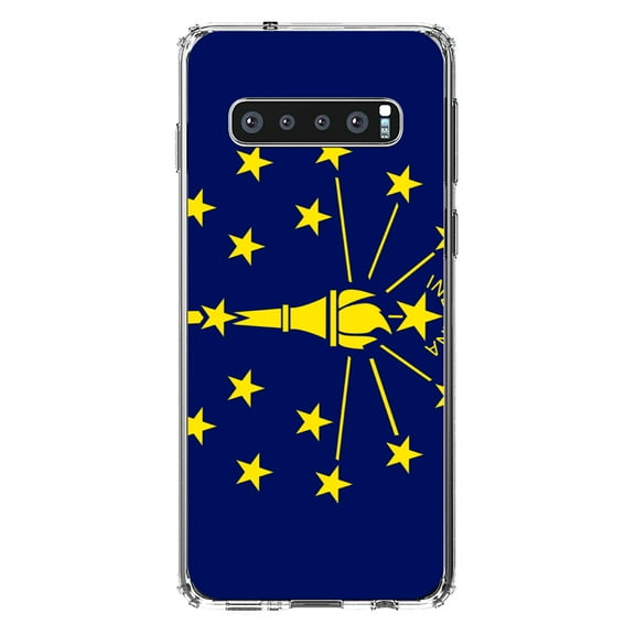 DistinctInk Clear Shockproof Hybrid Case for Samsung Galaxy S10 (6.1" Screen) - TPU Bumper, Acrylic Back, Tempered Glass Screen Protector - Indiana State Flag - US State Flag