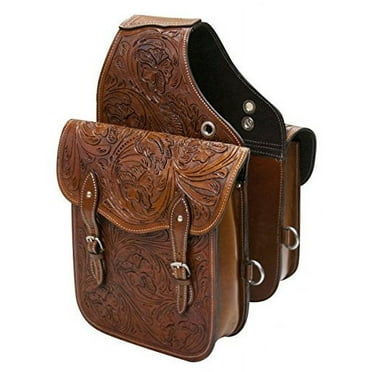 Showman ® Basketweave and leaf tooled leather saddle bag.