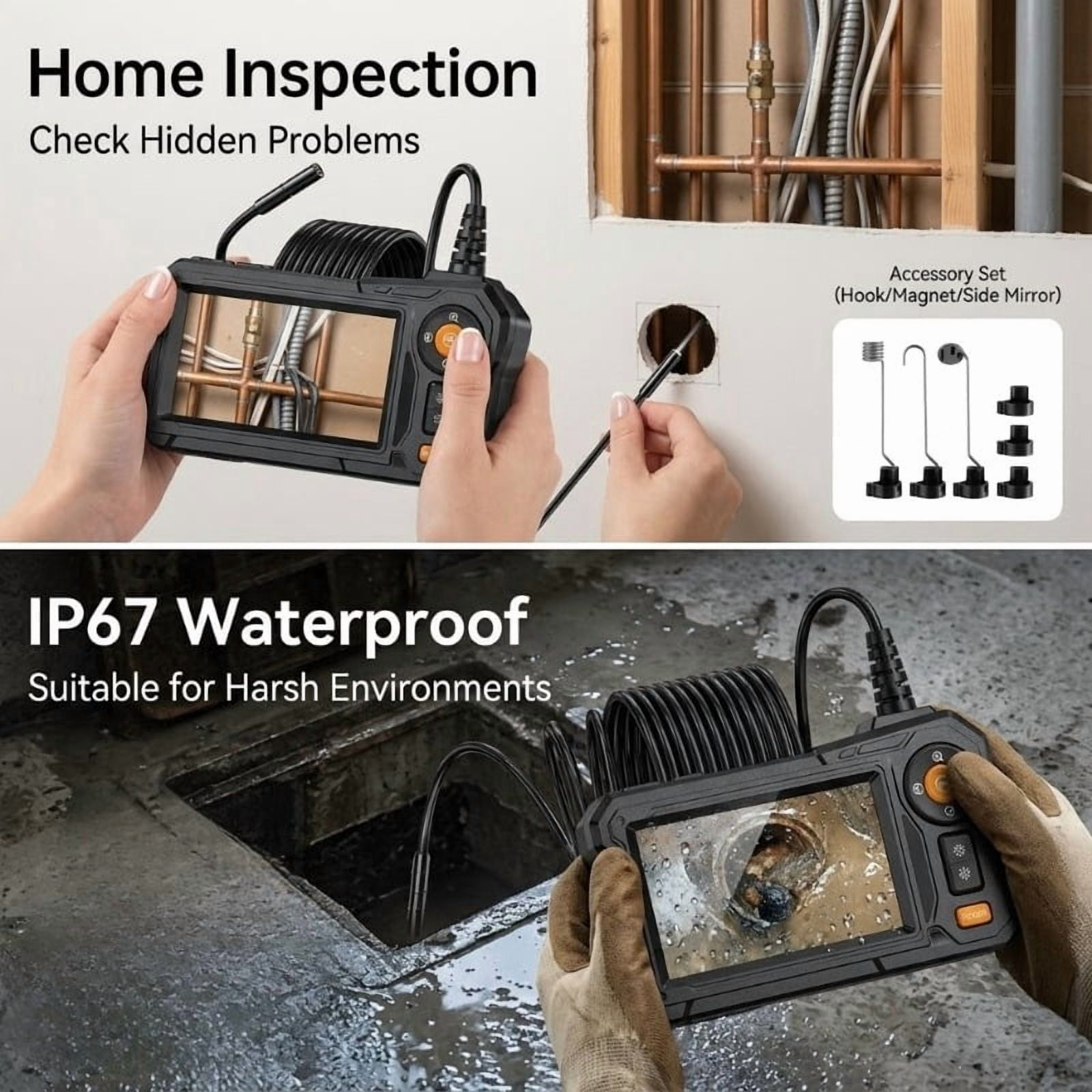 IP67 Waterproof Endoscope Camera with 4.3" LCD & 6 LED Lights for Automotive, Pipe, Wall Inspection