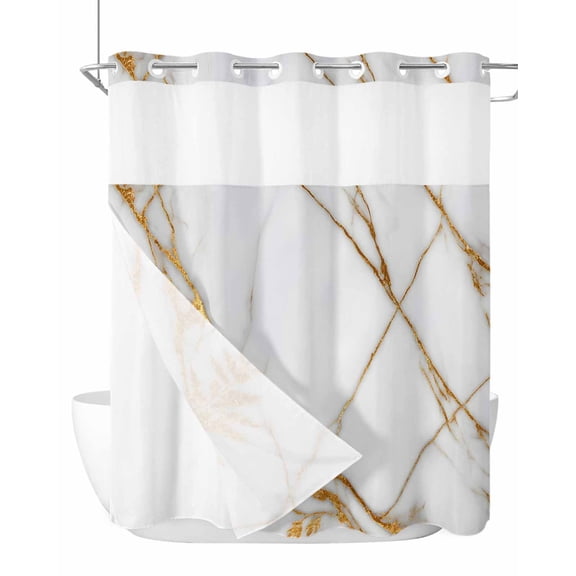 No Hook Shower Curtain with Snap-in Liner, White Yellow Marble Waterproof Fabric Bathroom Curtains, Ink Painting Modern Art Bath Curtains & Mesh Top Window 66"x72"