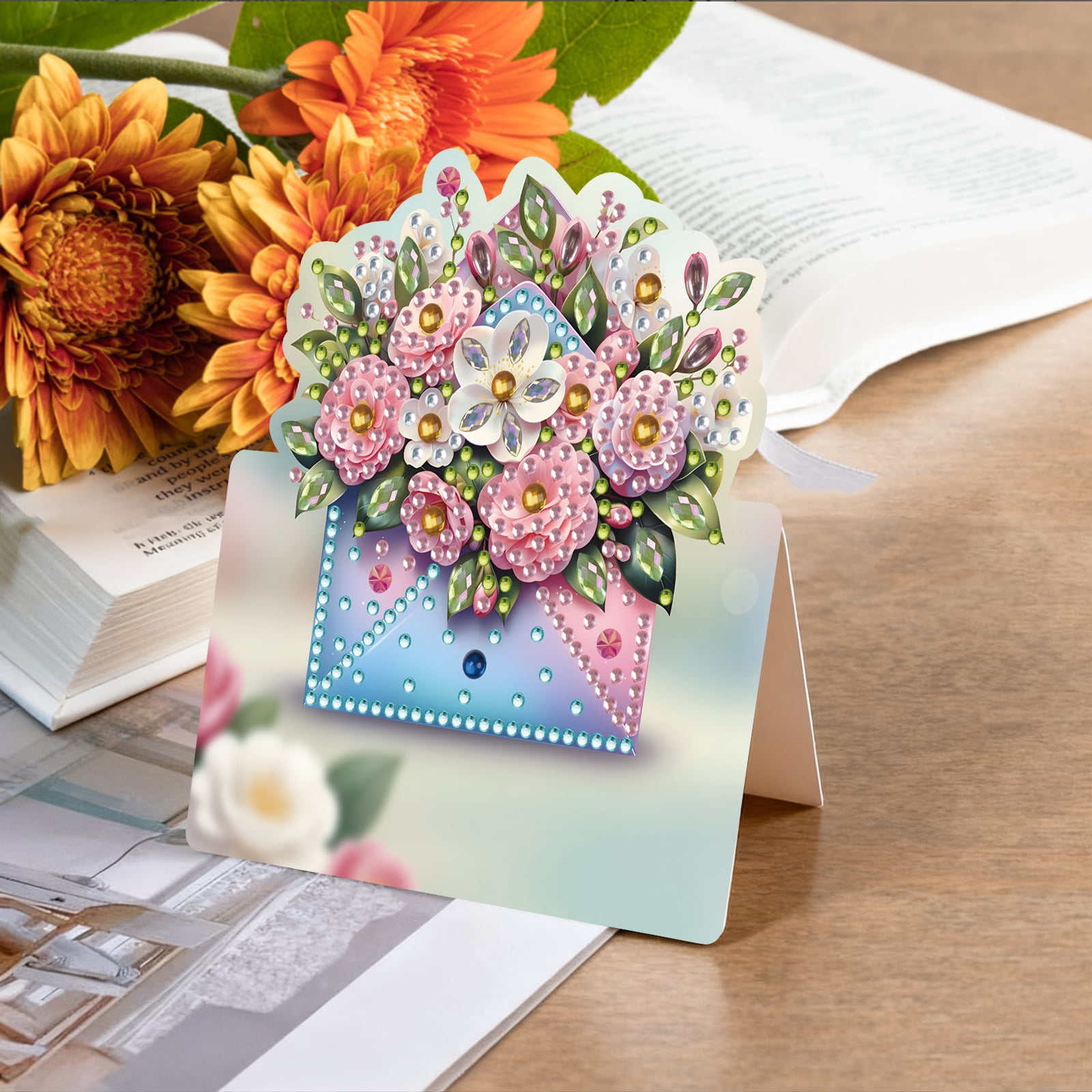 FLOPESN 6Pcs DIY Diamond Art Greeting Cards Set, Spring Flower 3D Folding Thank You Card For Birthday Holiday Blessing Gift(included envelopes)