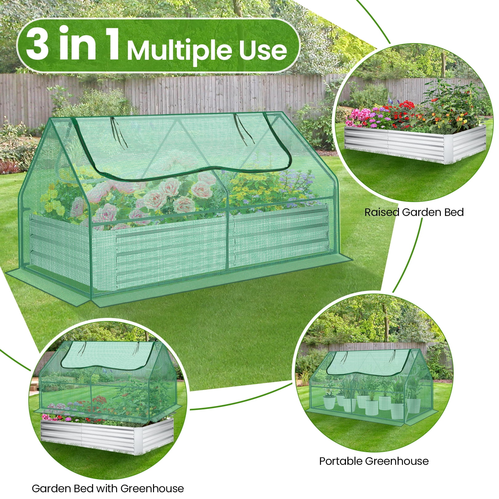 Funcid Galvanized Raised Garden Bed with Cover, Outdoor Metal Planter Box 2 Roll-up Windows Mini Greenhouse for Growing Flowers Fruits Vegetables and Herbs, 6x3x3ft(Green)