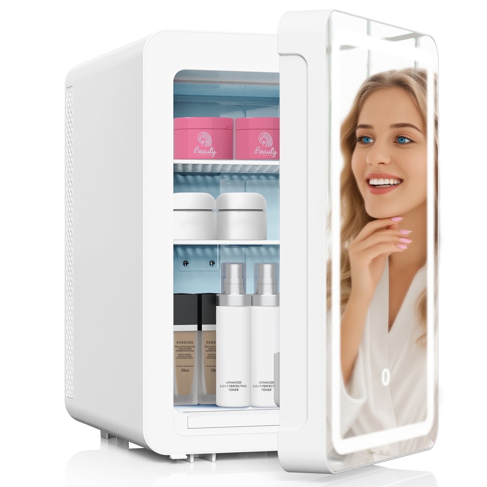 ADVWIN 20L Skincare Fridge with Mirror & LED Lighting, 3-Mode Dimmable, Portable Makeup Refrigerator Cooler & Warmer for Bedroom, Vanity, Car & Home Use