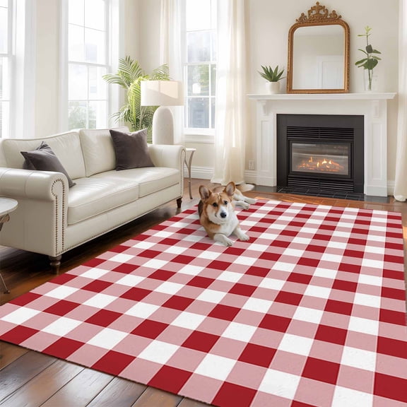 Farmhouse Red Plaid Area Rug 5x8 FT, Non Slip Bedroom Throw Carpet, Rustic Red White Checkered Washable Soft Floor Carpet Non-Shedding Rug for Living Room Nursery Dorm Office