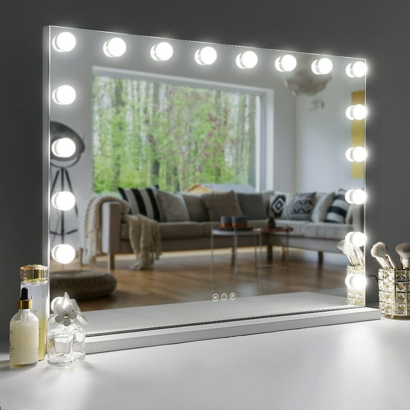 Vanity Mirror with Lights 31.5 x 22.8 Inch LED Makeup Mirror with 18 Dimmable Bulbs 3 Color Lighting USB Charging Cosmetic Mirror for Tabletop or Wall Mount