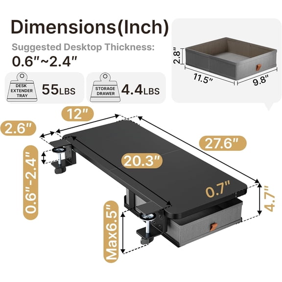 Humanmotion Desk Extender Tray 28x12 Inch with Storage Drawer - Clamp On Desk Shelf for Office Home Workstation Organizer, Heavy Duty Keyboard Tray Arm Rest, Large Black