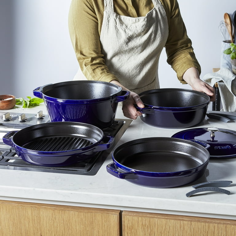STAUB Cast Iron Set 4-pc, Stackable Space-Saving Cookware Set, Dutch Oven  with Universal Lid, Made in France, Dark Blue 