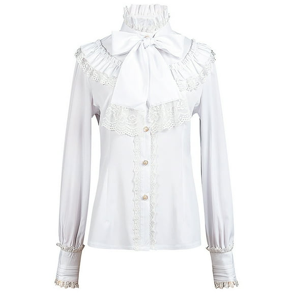 Victorian Bows Tie Neck Blouse with Ruffle Lace Stand Collar Medieval Clothing Performances Long Sleeve Shirt for Women