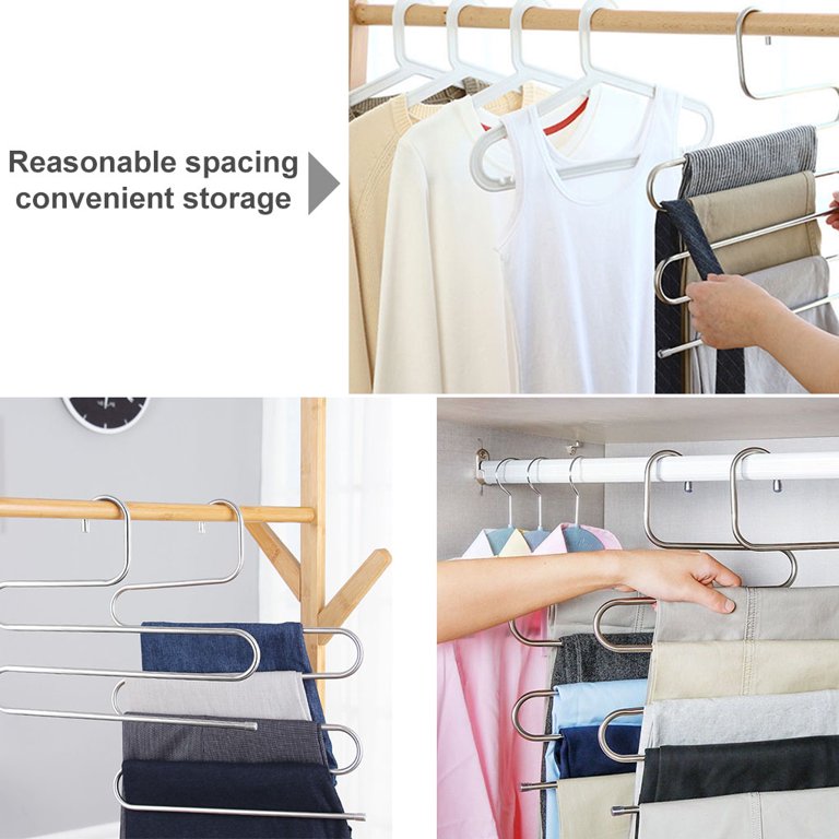 8 Pack Pants Hangers Space Saving Stainless Steel 5 Layers S-Shape Non-Slip  Hangers for Multiple Pants, Silver