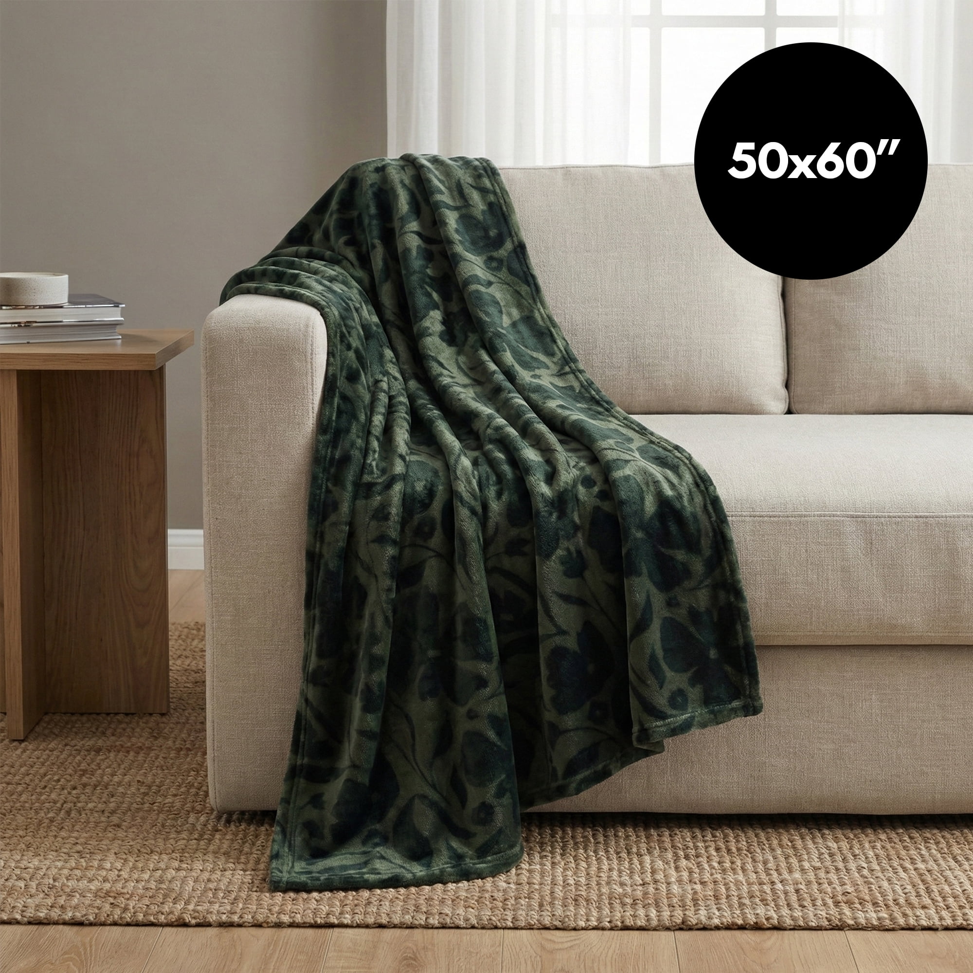 Americanflat Throw Blanket - 50x60 Inch Printed Fleece - Floral Design - Lightweight Warmth - Green