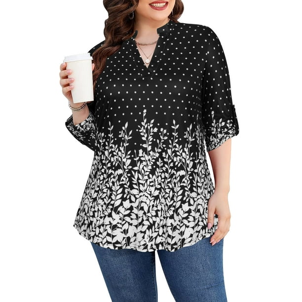 Women's Plus Size 3/4 Sleeve Floral Blouses Shirts Notch V Neck Tunics ...