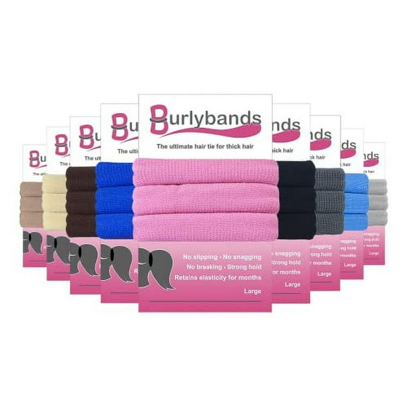 Burlybands Large Hair Ties for Thick Heavy or Curly Hair. No Slip No Damage Seamless Ponytail Holders Scrunchies Sports Thick Hair Ties. Women's Hair Elastics-Bands (Pink 3 Piece)