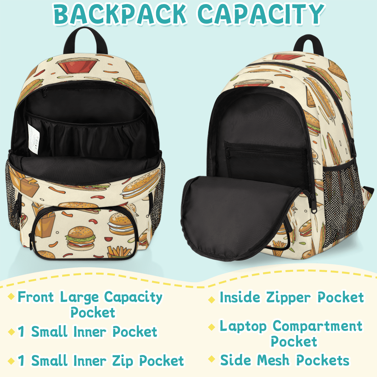 Herdesigns Fast Food Hamburger Laptop Backpack for Women Men, 18.3 Inch Large Computer Backpacks Fashion Teacher Nurse Bag Casual Daypack for Work Travel