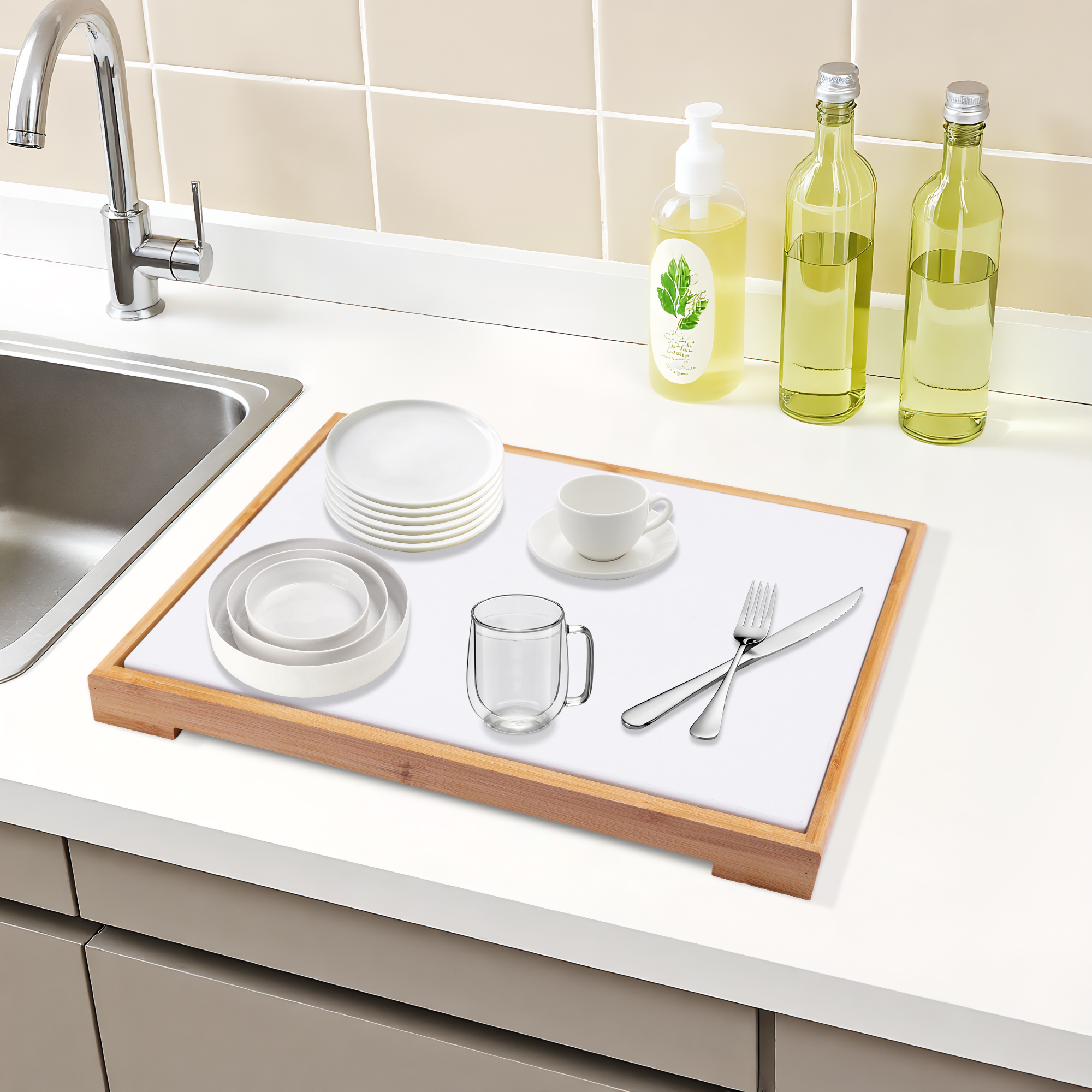 Unique Bargains Diatomaceous Stone Dish Drying Mat with Dish Drying Rack White