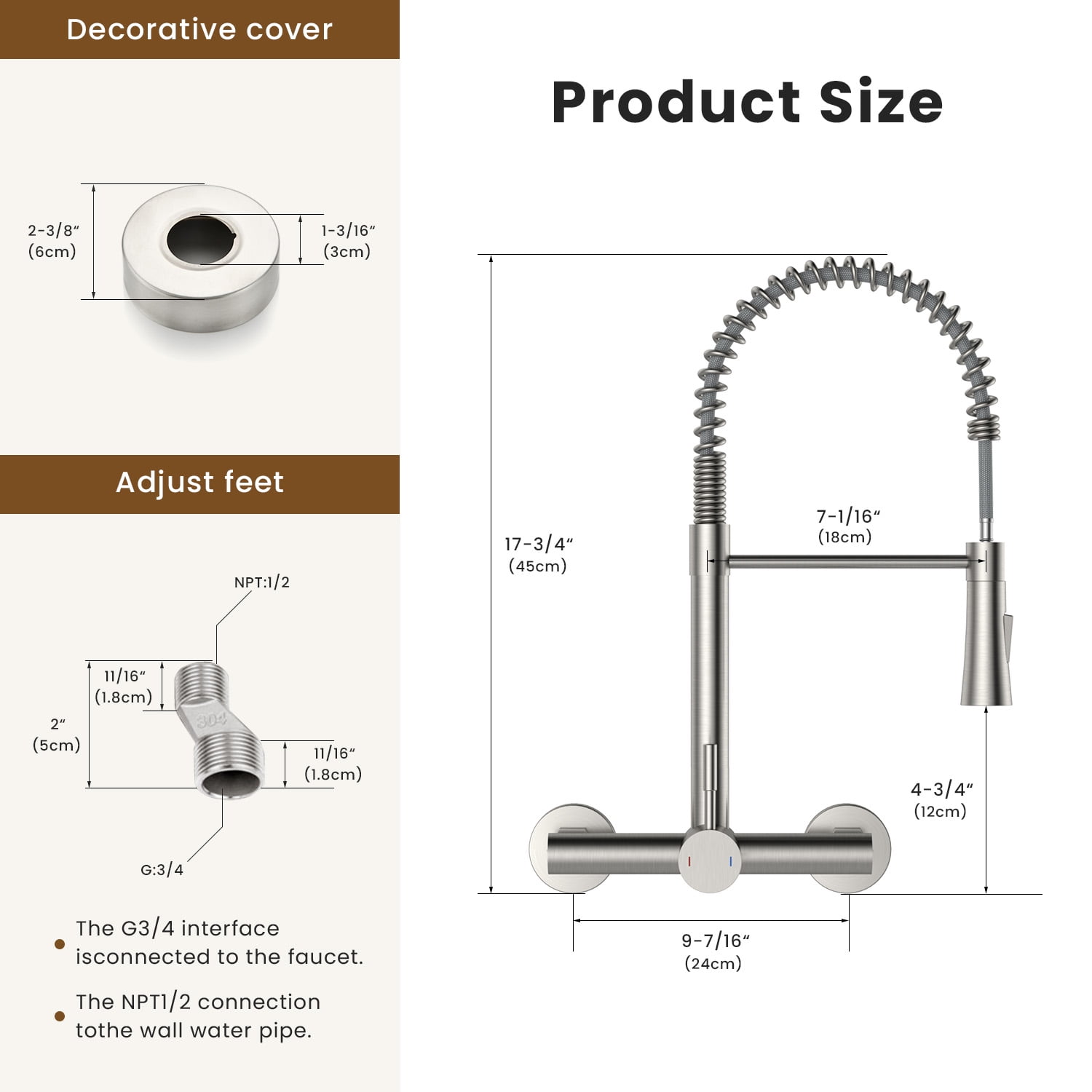 Wall Mount Kitchen Faucet Single Handles, 8 Inch Center Wall Commercial Utility Sink Faucet with Pull Out Sprayer 2 Modes, Stainless Steel, Brushed Nickel