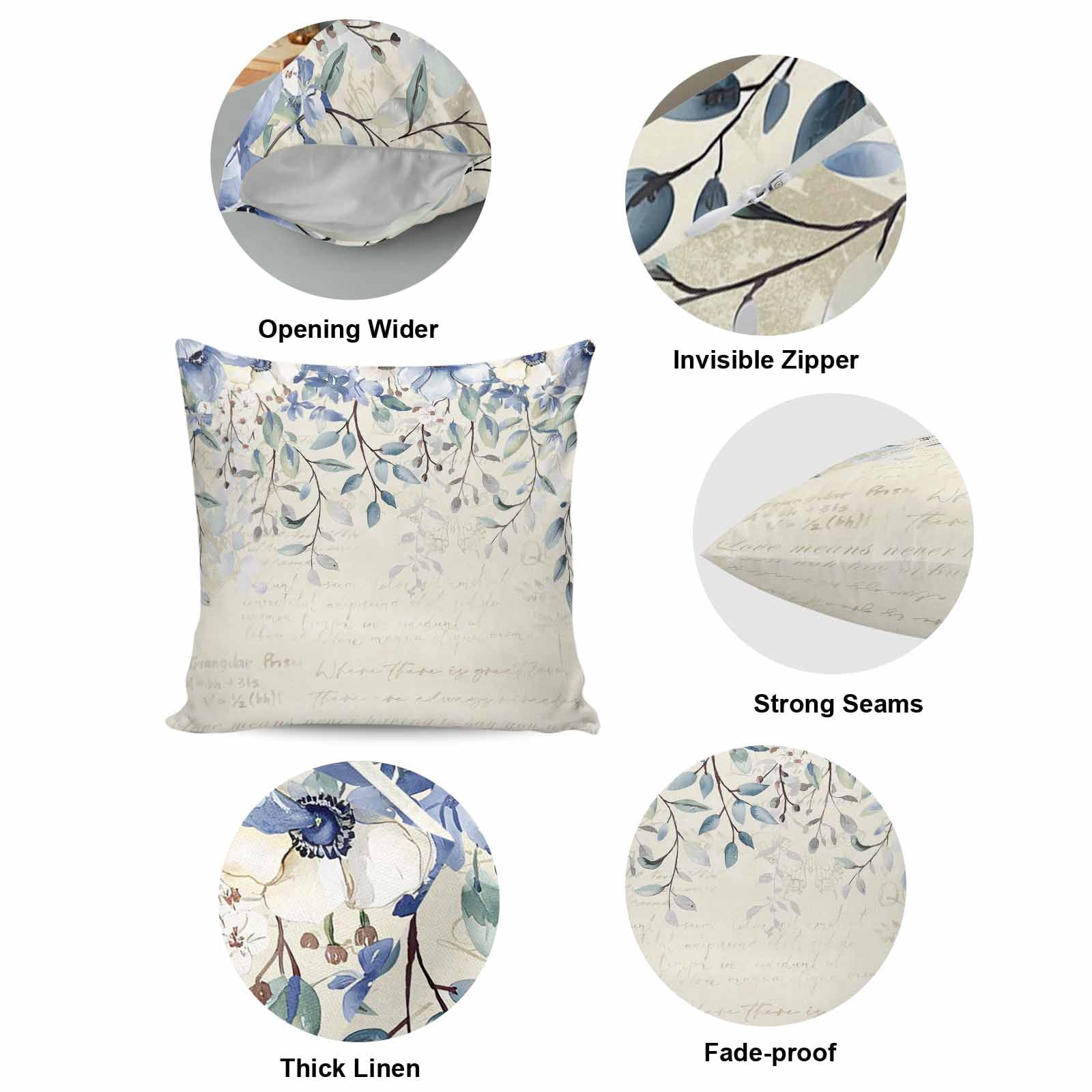 Blue Eucalyptus Leaves Pillow Covers 16x16 Inch, Farmhouse Retro Botanical Floral Linen Pillowcase with Invisible Zipper, Decorative Throw Pillow Covers Cushion Case for Couch Sofa Bed Living Room