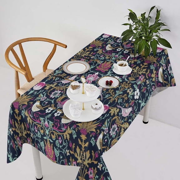 Retro Bird Floral Tablecloth, Bohemia William Morris Original Design Print Table Cover for Home Picnic Party Dining Room Kitchen Decor, (Pink Strawberry Thief) 60x120inch