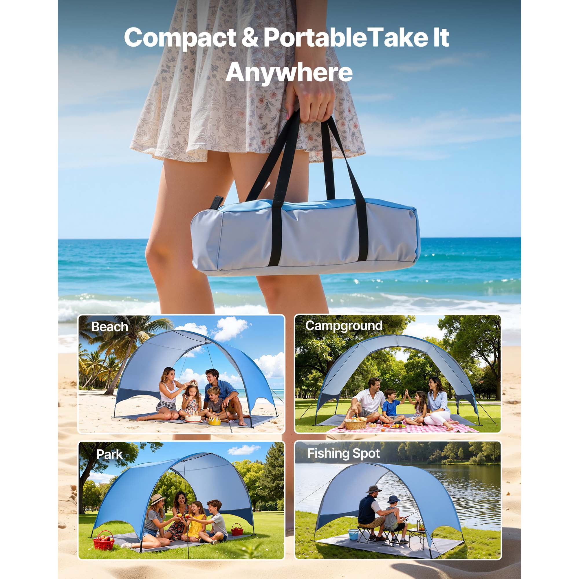 KFFKFF Beach Tent Sun Shelter for 4 People, UPF 50+ Protection, Portable Sun Shade Canopy with Carry Bag & Ground Stakes, Lightweight and Simple Setup for Camping, Fishing, Outdoor Picnics
